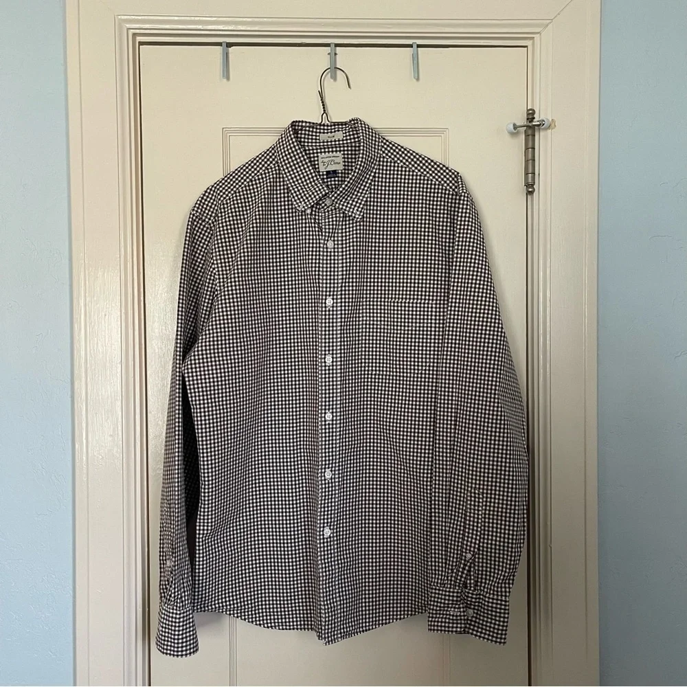J Crew Shirt Button Down 100% Cotton Brown & White Gingham Slim Fit Size L
